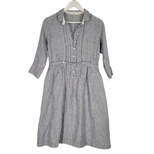 NIMES 100% Linen Shirt Dress Sz Medium Blue White Stripe Nautical Cottage
